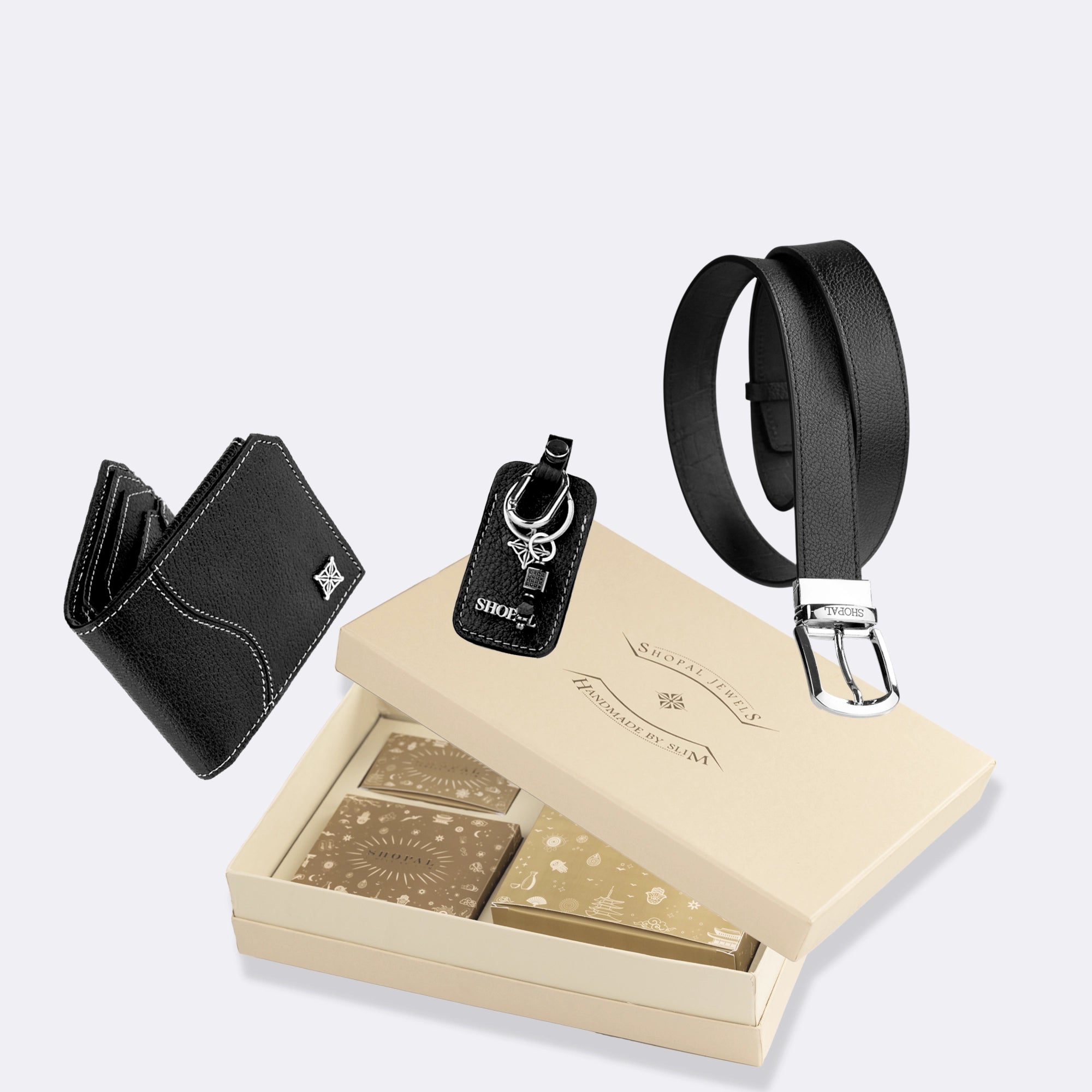 Coffret portefeuille - ceinture - porte clé en cuir