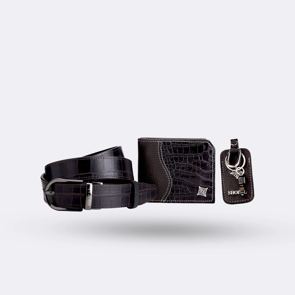 Coffret portefeuille - ceinture - porte clé en cuir